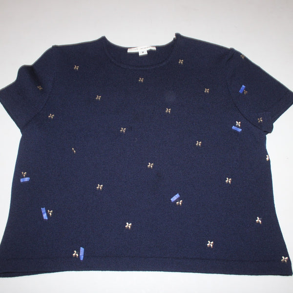 St John Top Sz M Navy Blue Gold Paillettes Santana Knit AS IS Top