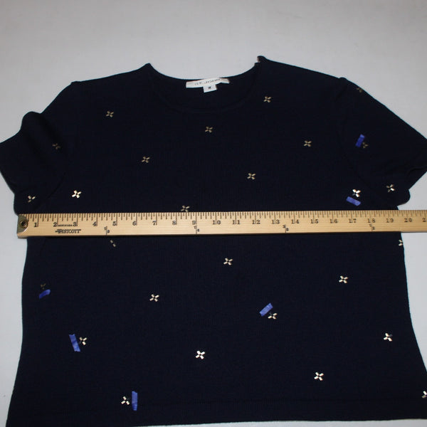 St John Top Sz M Navy Blue Gold Paillettes Santana Knit AS IS Top