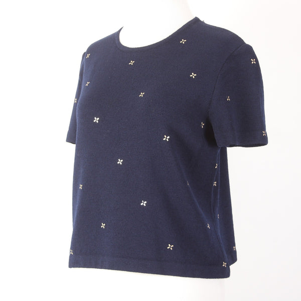 St John Top Sz M Navy Blue Gold Paillettes Santana Knit AS IS Top