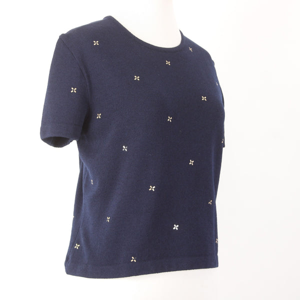 St John Top Sz M Navy Blue Gold Paillettes Santana Knit AS IS Top