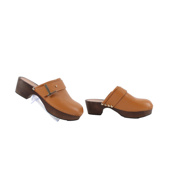 Lafayette 148 NEW Sz 36 Butterscotch Brown Leather Gold Wood Slide Mule Clogs