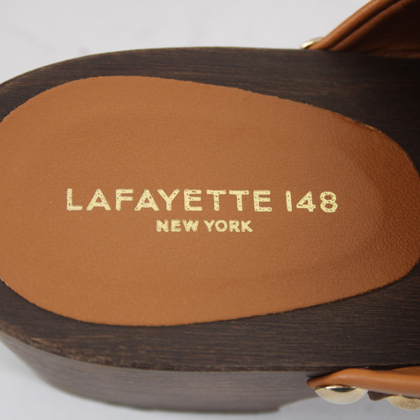 Lafayette 148 NEW Sz 36 Butterscotch Brown Leather Gold Wood Slide Mule Clogs