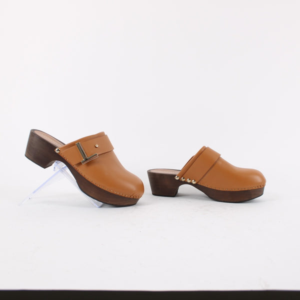 Lafayette 148 NEW Sz 36 Butterscotch Brown Leather Gold Wood Slide Mule Clogs