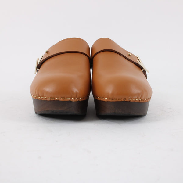 Lafayette 148 NEW Sz 36 Butterscotch Brown Leather Gold Wood Slide Mule Clogs