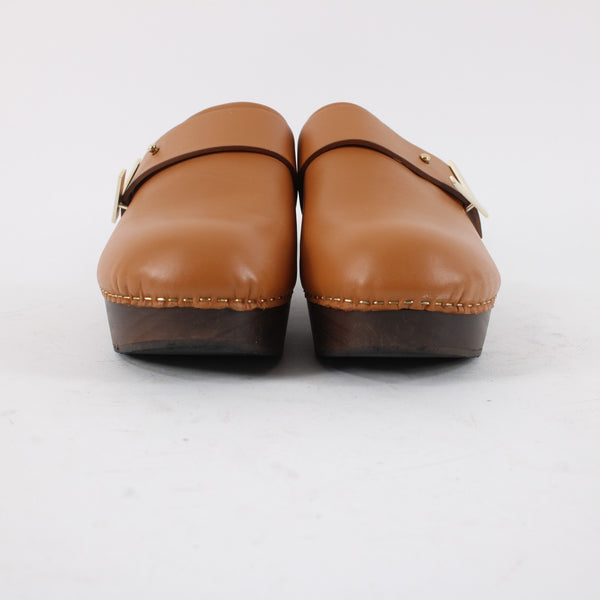 Lafayette 148 NEW Sz 36 Butterscotch Brown Leather Gold Wood Slide Mule Clogs