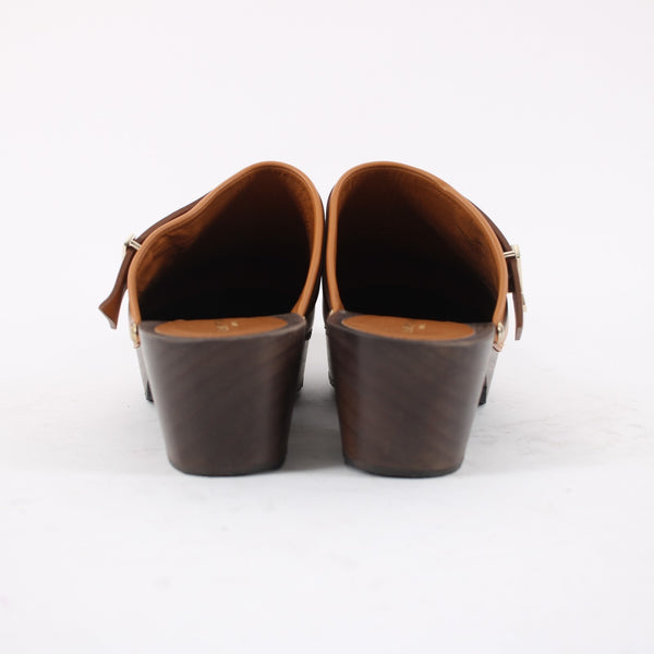 Lafayette 148 NEW Sz 36 Butterscotch Brown Leather Gold Wood Slide Mule Clogs
