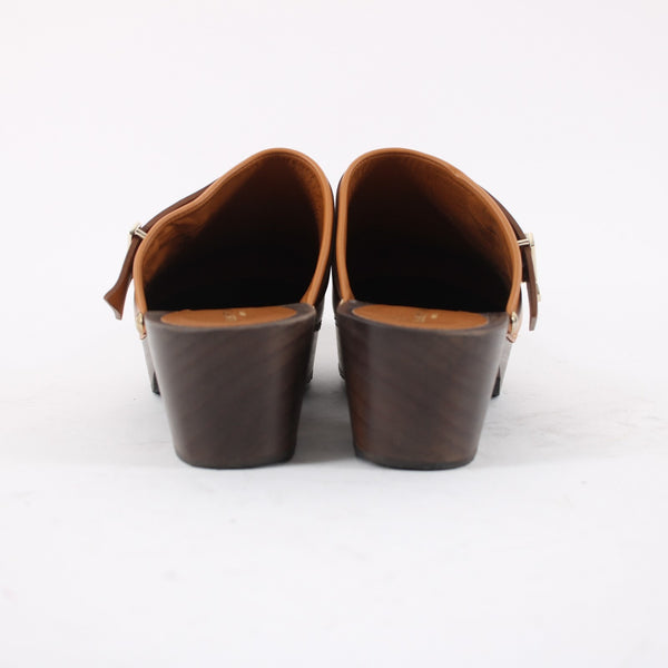 Lafayette 148 NEW Sz 36 Butterscotch Brown Leather Gold Wood Slide Mule Clogs