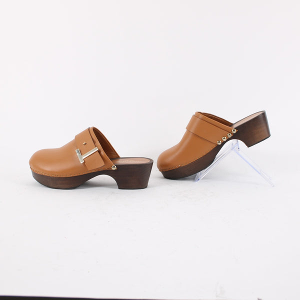 Lafayette 148 NEW Sz 36 Butterscotch Brown Leather Gold Wood Slide Mule Clogs