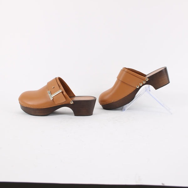 Lafayette 148 NEW Sz 36 Butterscotch Brown Leather Gold Wood Slide Mule Clogs