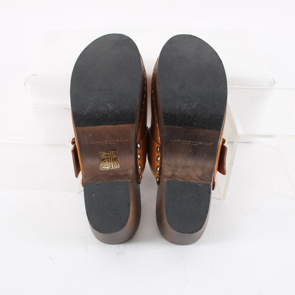 Lafayette 148 NEW Sz 36 Butterscotch Brown Leather Gold Wood Slide Mule Clogs