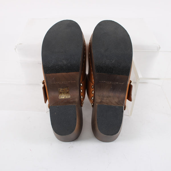 Lafayette 148 NEW Sz 36 Butterscotch Brown Leather Gold Wood Slide Mule Clogs