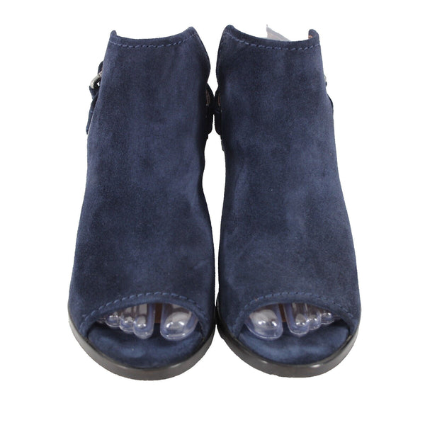 Frye Sz 7.5 M Navy Blue Open Toe Suede Upper Leather Inner 3" Wedge