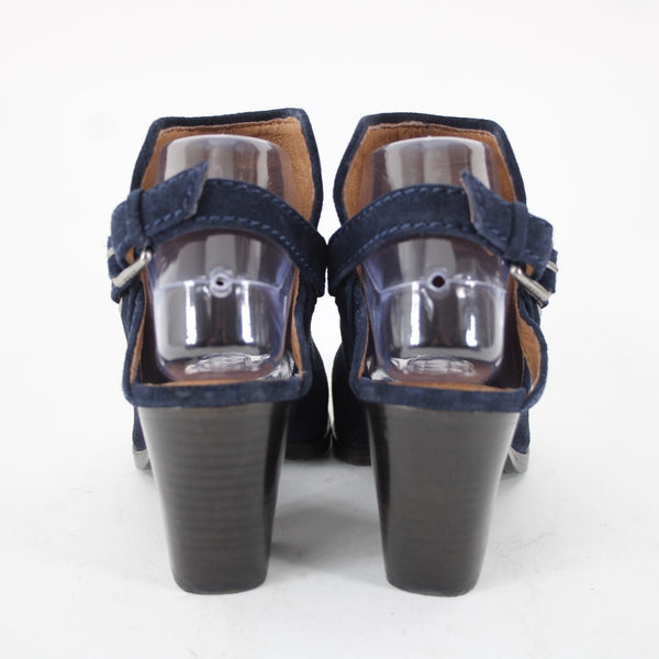 Frye Sz 7.5 M Navy Blue Open Toe Suede Upper Leather Inner 3" Wedge