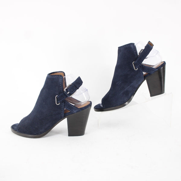 Frye Sz 7.5 M Navy Blue Open Toe Suede Upper Leather Inner 3" Wedge