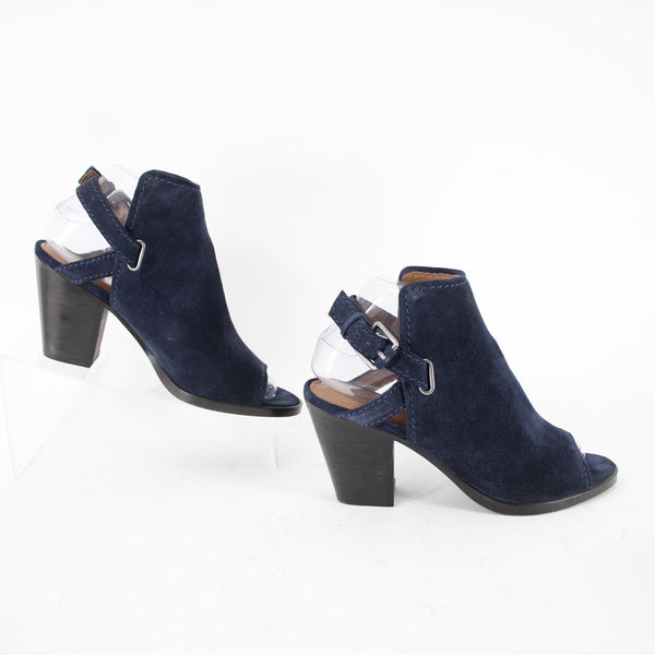 Frye Sz 7.5 M Navy Blue Open Toe Suede Upper Leather Inner 3" Wedge