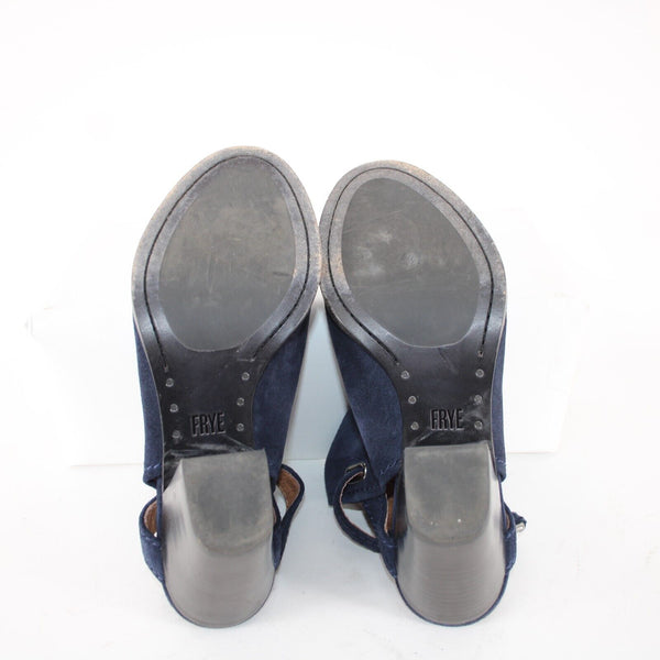 Frye Sz 7.5 M Navy Blue Open Toe Suede Upper Leather Inner 3" Wedge