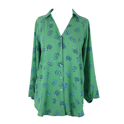 Cabi Sz XXS Green Blue White Black Floral Collared 100% Polyester Top