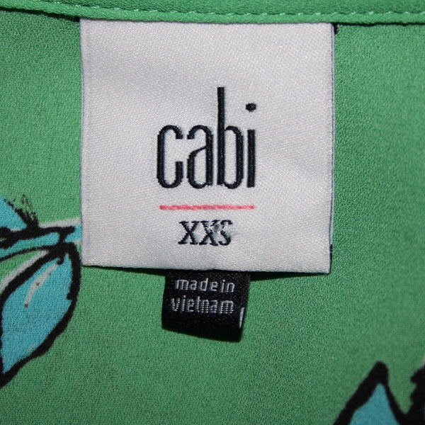 Cabi Sz XXS Green Blue White Black Floral Collared 100% Polyester Top