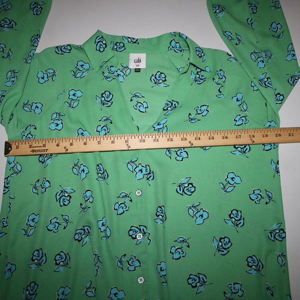 Cabi Sz XXS Green Blue White Black Floral Collared 100% Polyester Top