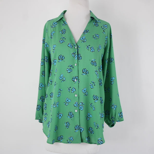 Cabi Sz XXS Green Blue White Black Floral Collared 100% Polyester Top