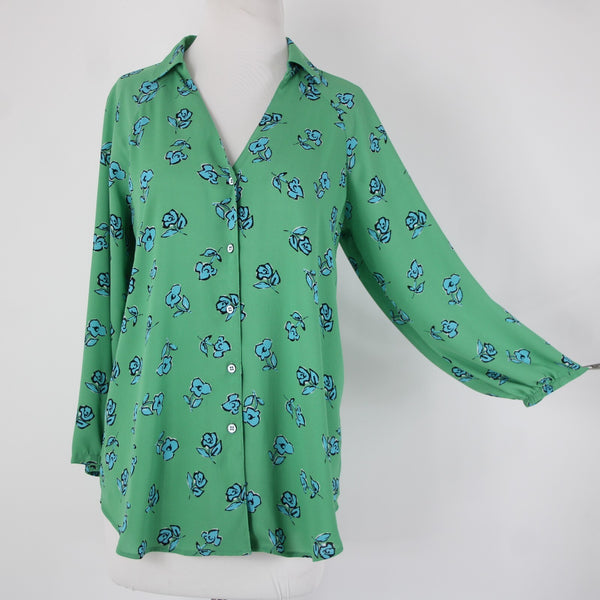 Cabi Sz XXS Green Blue White Black Floral Collared 100% Polyester Top