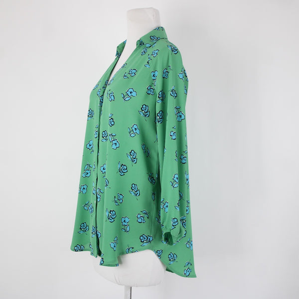 Cabi Sz XXS Green Blue White Black Floral Collared 100% Polyester Top