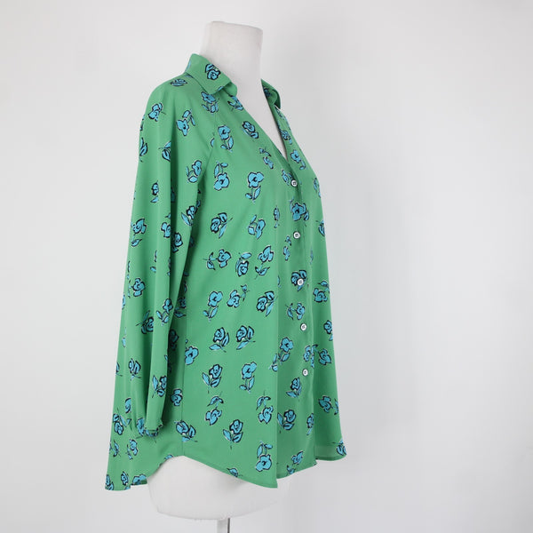 Cabi Sz XXS Green Blue White Black Floral Collared 100% Polyester Top