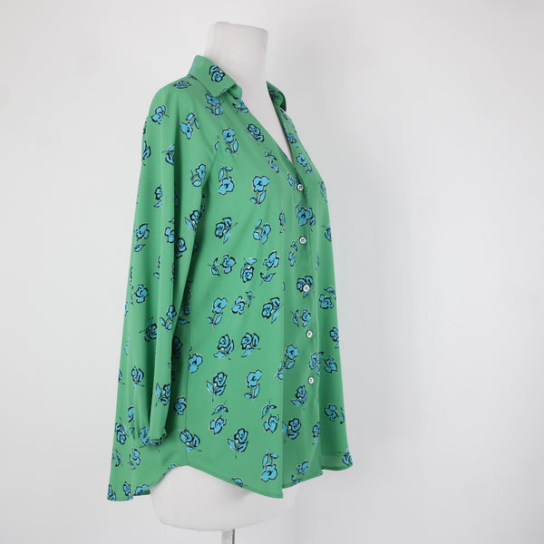 Cabi Sz XXS Green Blue White Black Floral Collared 100% Polyester Top