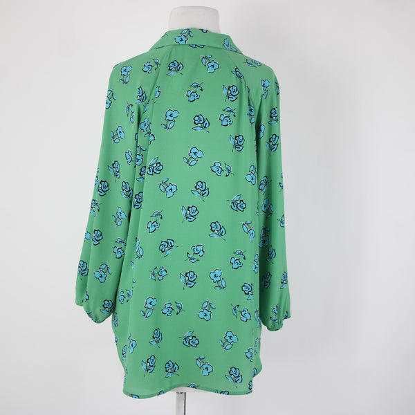 Cabi Sz XXS Green Blue White Black Floral Collared 100% Polyester Top