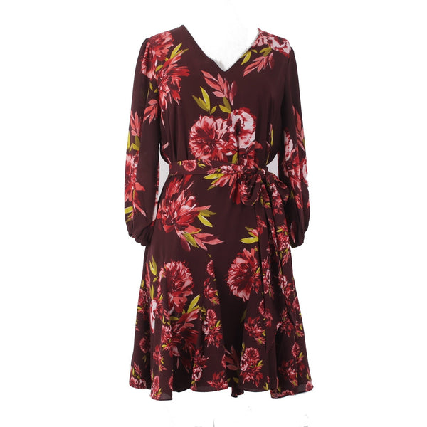 White House Black Market Dress Sz 4 Burgundy White Multi Color Floral Poly Dress