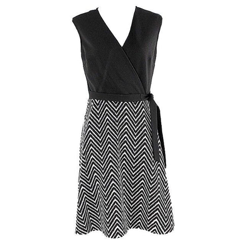 Studio One Sz 8 Black White Zig Zag Belted Polyester Spandex Wrap Dress