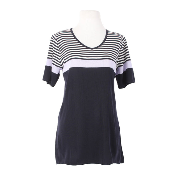 Misook Top Sz M Navy White Lavendar Striped V Neck Short Sleeve 100% Acrylic Top