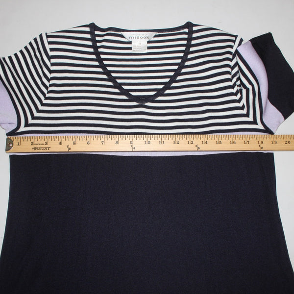 Misook Top Sz M Navy White Lavendar Striped V Neck Short Sleeve 100% Acrylic Top