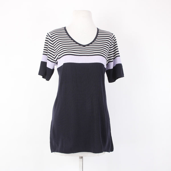 Misook Top Sz M Navy White Lavendar Striped V Neck Short Sleeve 100% Acrylic Top