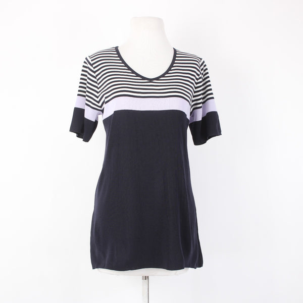 Misook Top Sz M Navy White Lavendar Striped V Neck Short Sleeve 100% Acrylic Top