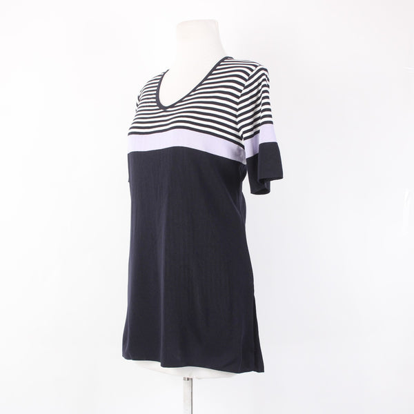 Misook Top Sz M Navy White Lavendar Striped V Neck Short Sleeve 100% Acrylic Top