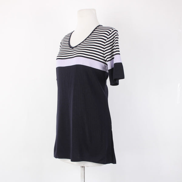 Misook Top Sz M Navy White Lavendar Striped V Neck Short Sleeve 100% Acrylic Top