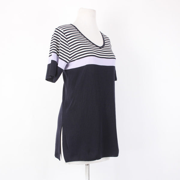 Misook Top Sz M Navy White Lavendar Striped V Neck Short Sleeve 100% Acrylic Top