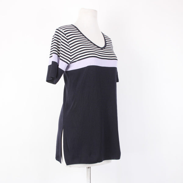 Misook Top Sz M Navy White Lavendar Striped V Neck Short Sleeve 100% Acrylic Top