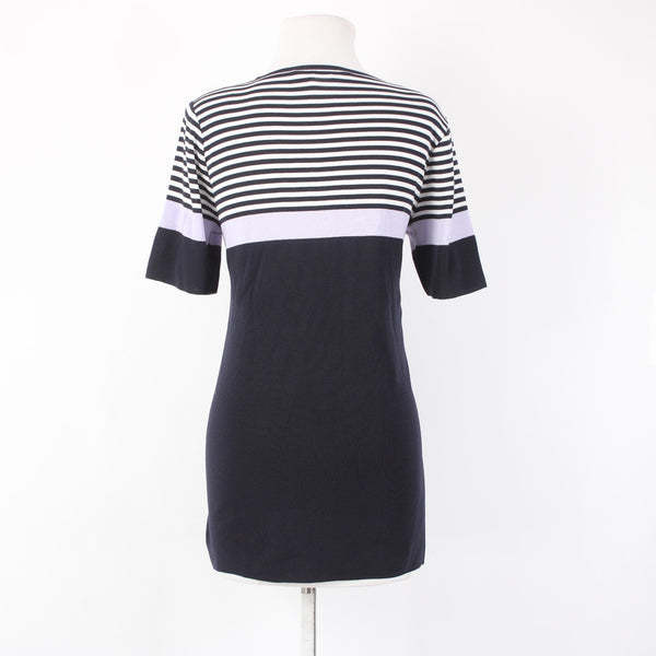 Misook Top Sz M Navy White Lavendar Striped V Neck Short Sleeve 100% Acrylic Top