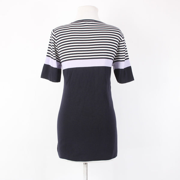 Misook Top Sz M Navy White Lavendar Striped V Neck Short Sleeve 100% Acrylic Top