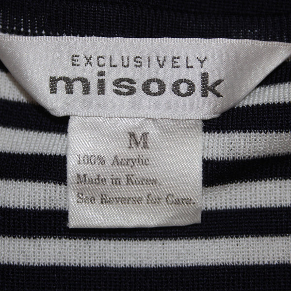 Misook Top Sz M Navy White Lavendar Striped V Neck Short Sleeve 100% Acrylic Top
