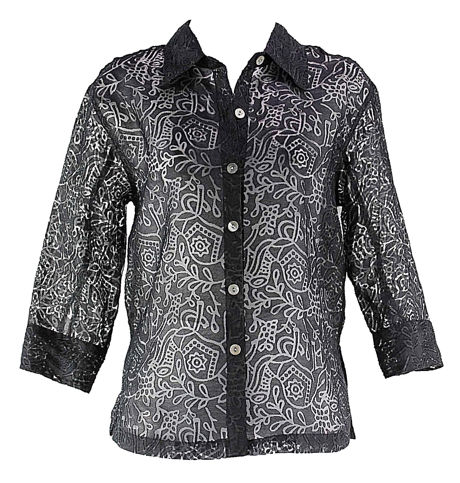 West End Sz S Black Rayon Polyester Linen Sheer Burnout Button Down Top