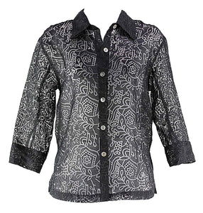 West End Sz S Black Rayon Polyester Linen Sheer Burnout Button Down Top