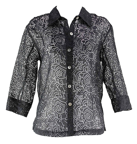 West End Sz S Black Rayon Polyester Linen Sheer Burnout Button Down Top