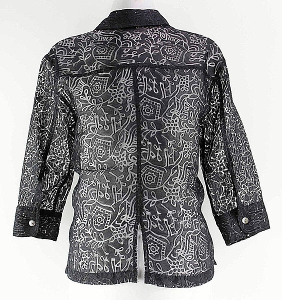 West End Sz S Black Rayon Polyester Linen Sheer Burnout Button Down Top