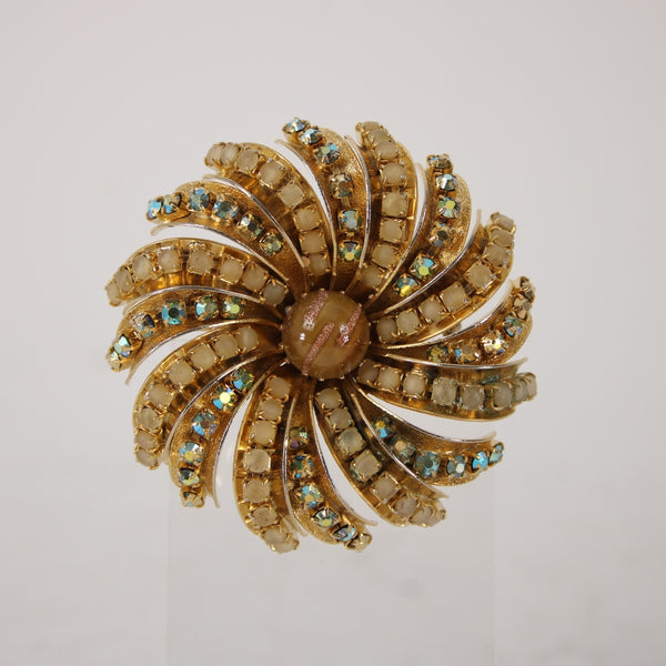 Hobe Pin Goldtone Amber Rhinestones 2.5" Pin Wheel Pin Brooch