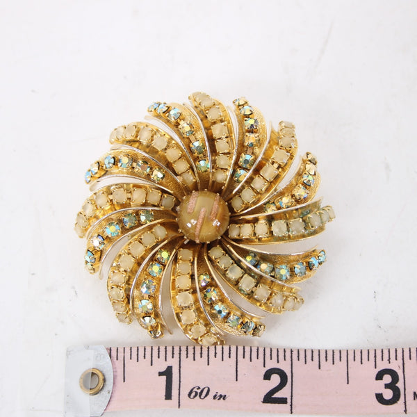 Hobe Pin Goldtone Amber Rhinestones 2.5" Pin Wheel Pin Brooch