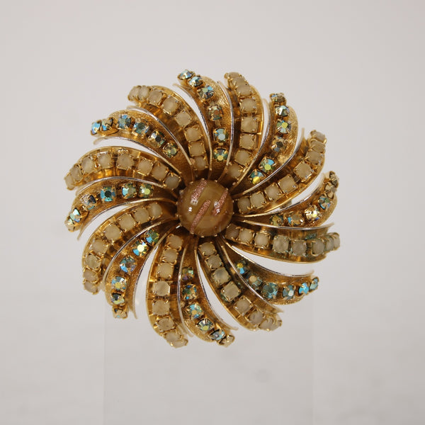 Hobe Pin Goldtone Amber Rhinestones 2.5" Pin Wheel Pin Brooch