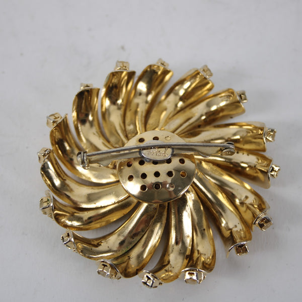 Hobe Pin Goldtone Amber Rhinestones 2.5" Pin Wheel Pin Brooch
